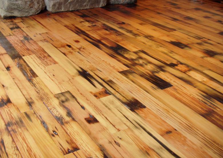 Picklewood Flooring (exterior of the stave) / Note the checking and staining that is characteristic of this floor